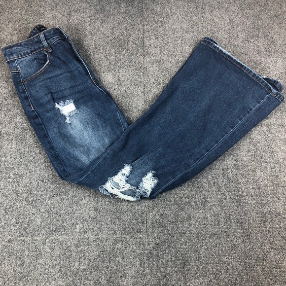Almost Famous Distressed Flare Jeans Dark Wash High Rise Raw Hem Size 0 - Picture 12 of 12